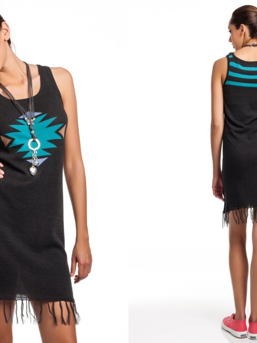 New Yoon Tank Print Dress Cover Up Sleeveless Summer Tribal Teal Black S M